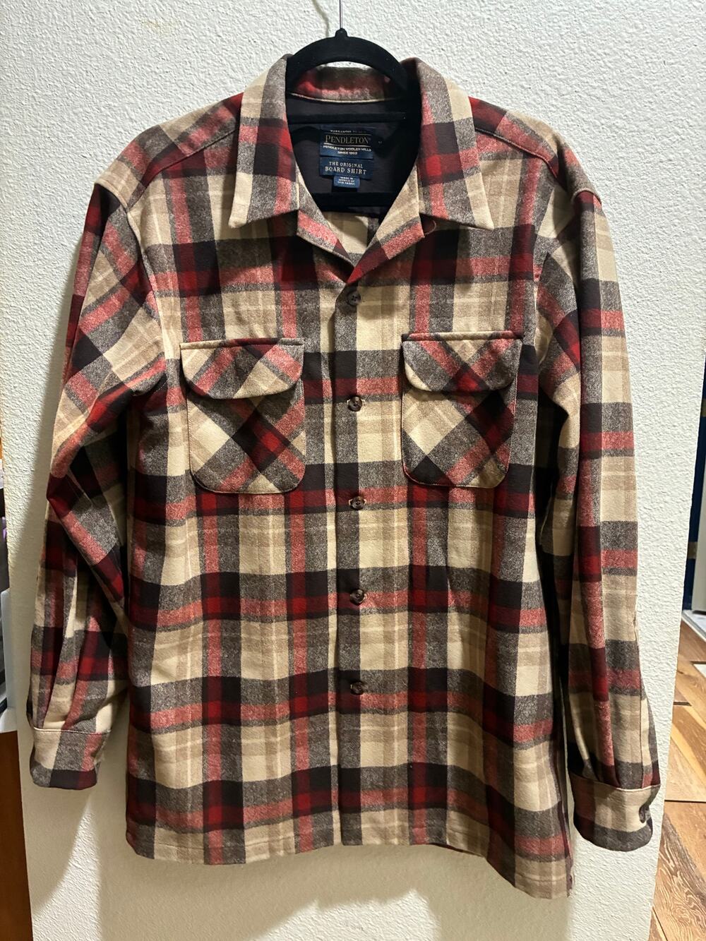 Pendleton Original Board Shirt Men’s M Wool Plaid Red Brown Tan USA Fabric